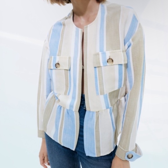 Zara Linen Blend Striped Open Front Blazer Jacket Peplum Hem Boho Spring Sz S - Picture 2 of 16